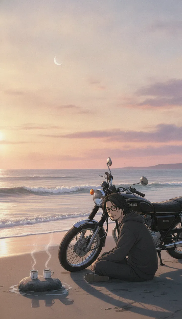 Kai sitting by his motorcycle on a beach at dusk, two cups steaming on a rock