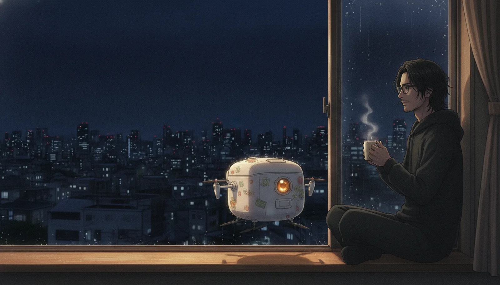 Kai on his windowsill at night with a warm mug, Tofu the rice-cooker robot hovering beside him, the city dark outside